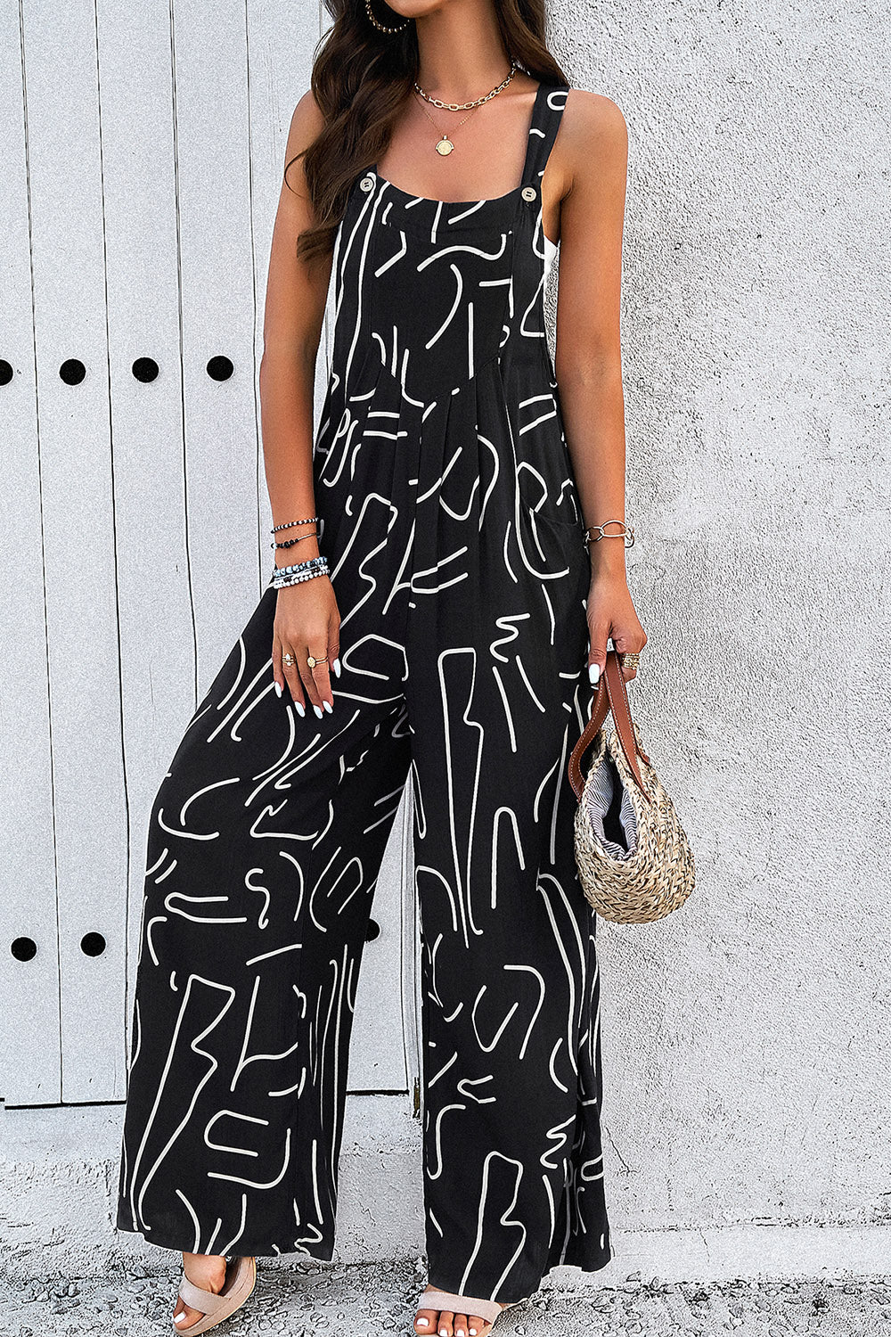 Printed Wide Strap Jumpsuit with Pockets - 4 prints
