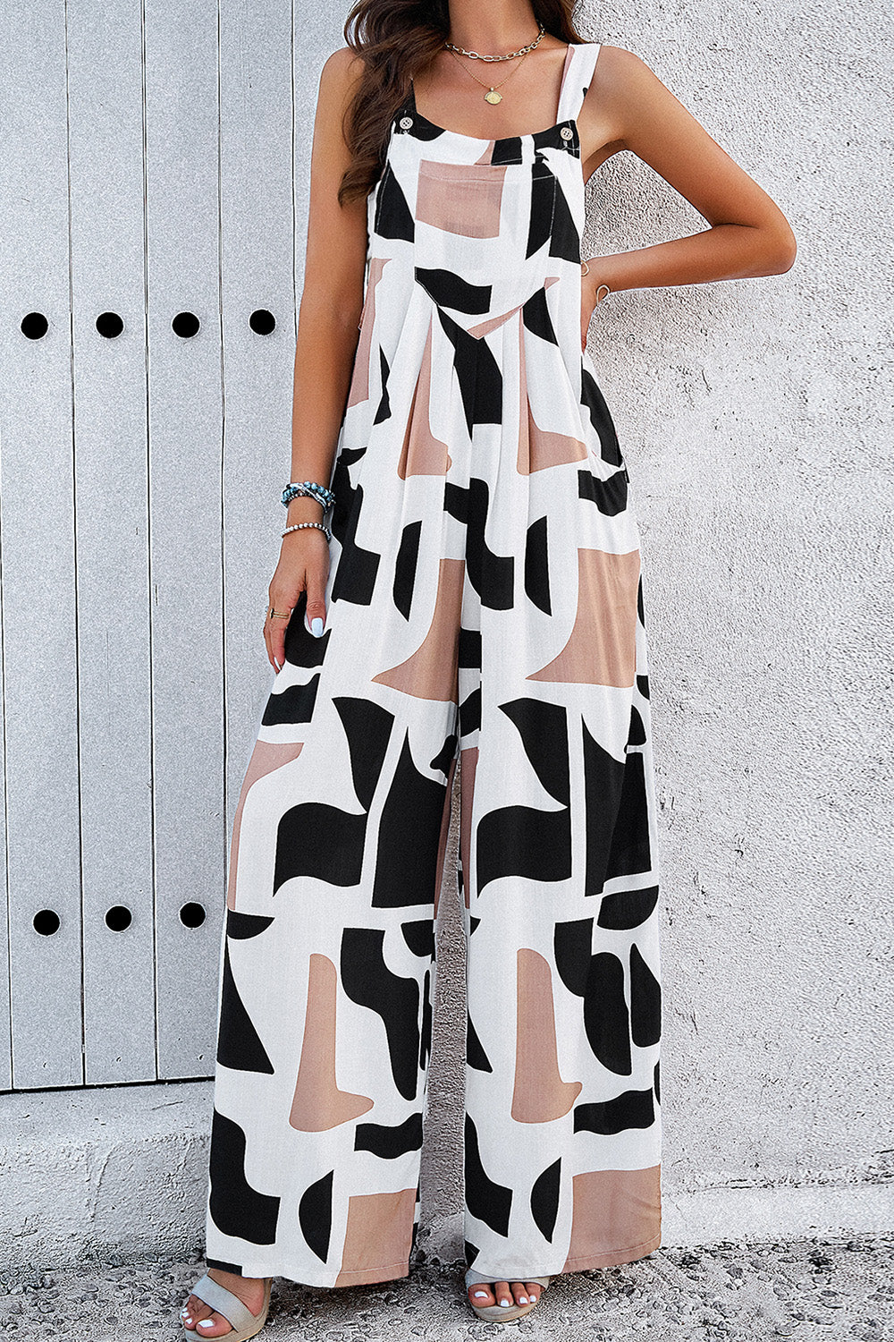Printed Wide Strap Jumpsuit with Pockets - 4 prints