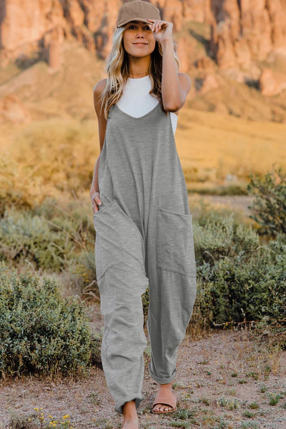 Double Take Full Size V-Neck Sleeveless Jumpsuit with Pockets 6 colors