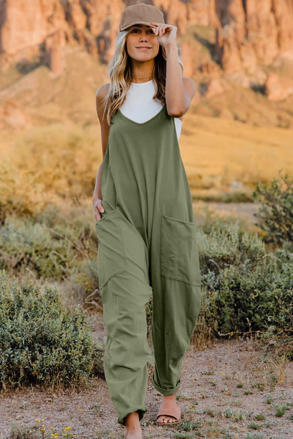 Double Take Full Size V-Neck Sleeveless Jumpsuit with Pockets 6 colors