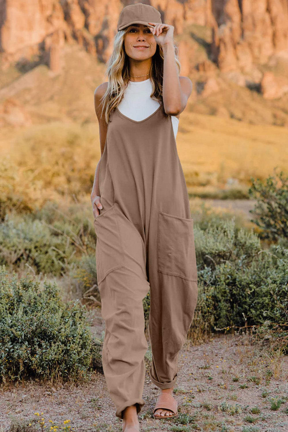Double Take Full Size V-Neck Sleeveless Jumpsuit with Pockets 6 colors