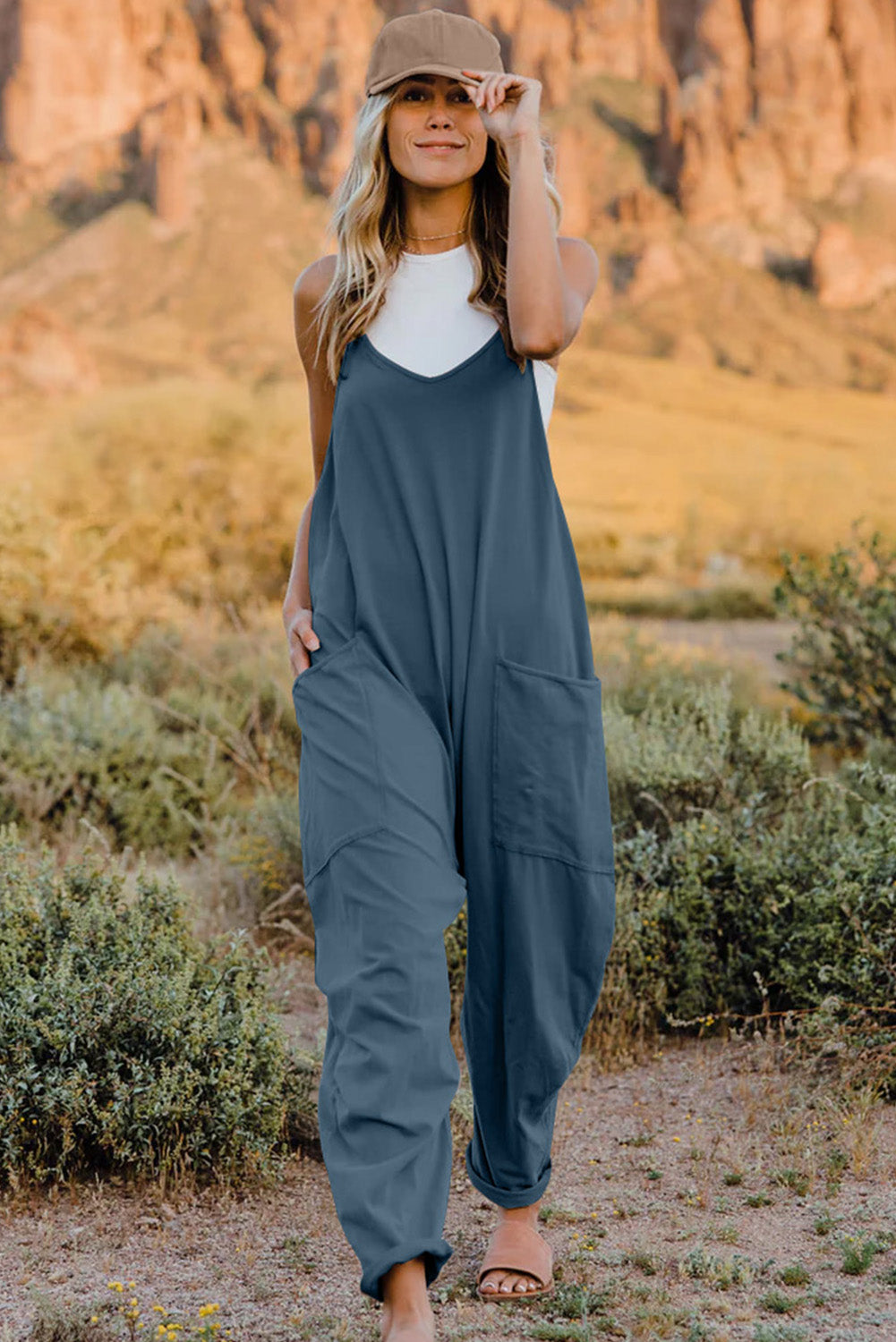 Double Take Full Size V-Neck Sleeveless Jumpsuit with Pockets 6 colors